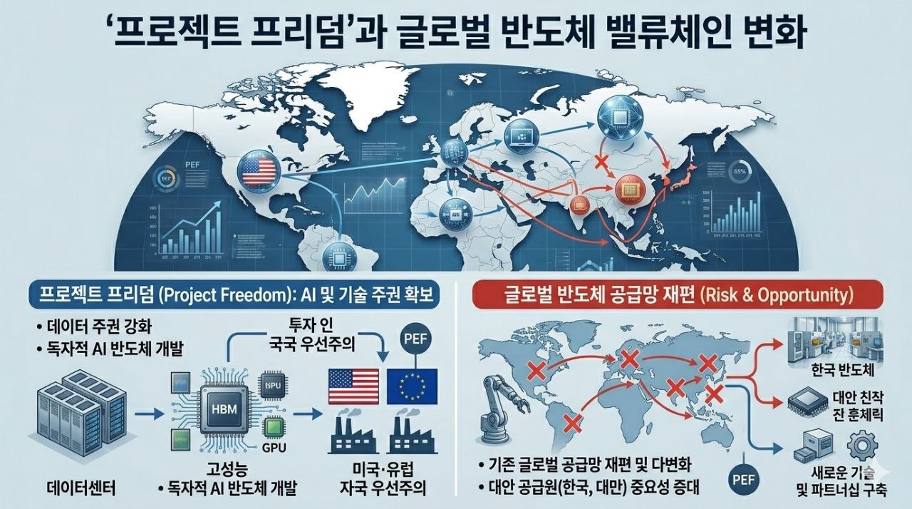 프로젝트 프리덤, AI 기술 주권, 글로벌 반도체 공급망 재편과 한국 반도체의 대안 공급망 중요성을 보여주는 인포그래픽