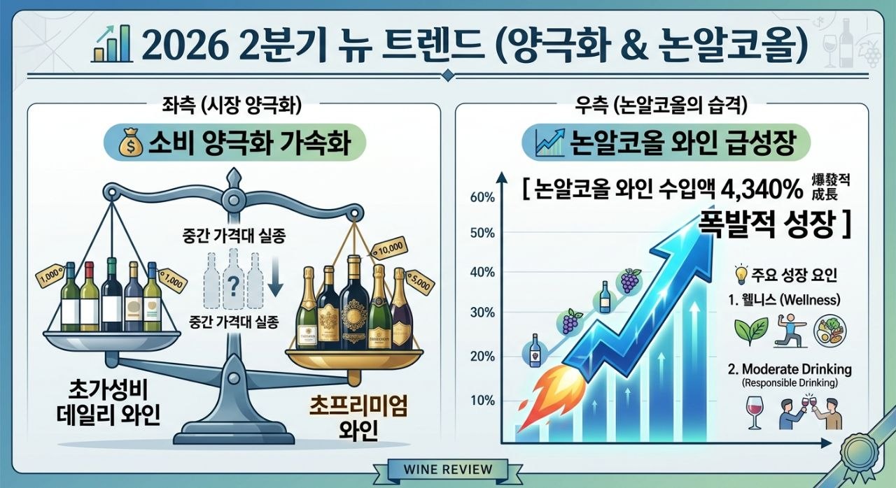 2026년 2분기 와인 소비 양극화와 논알코올 성장 인포그래픽