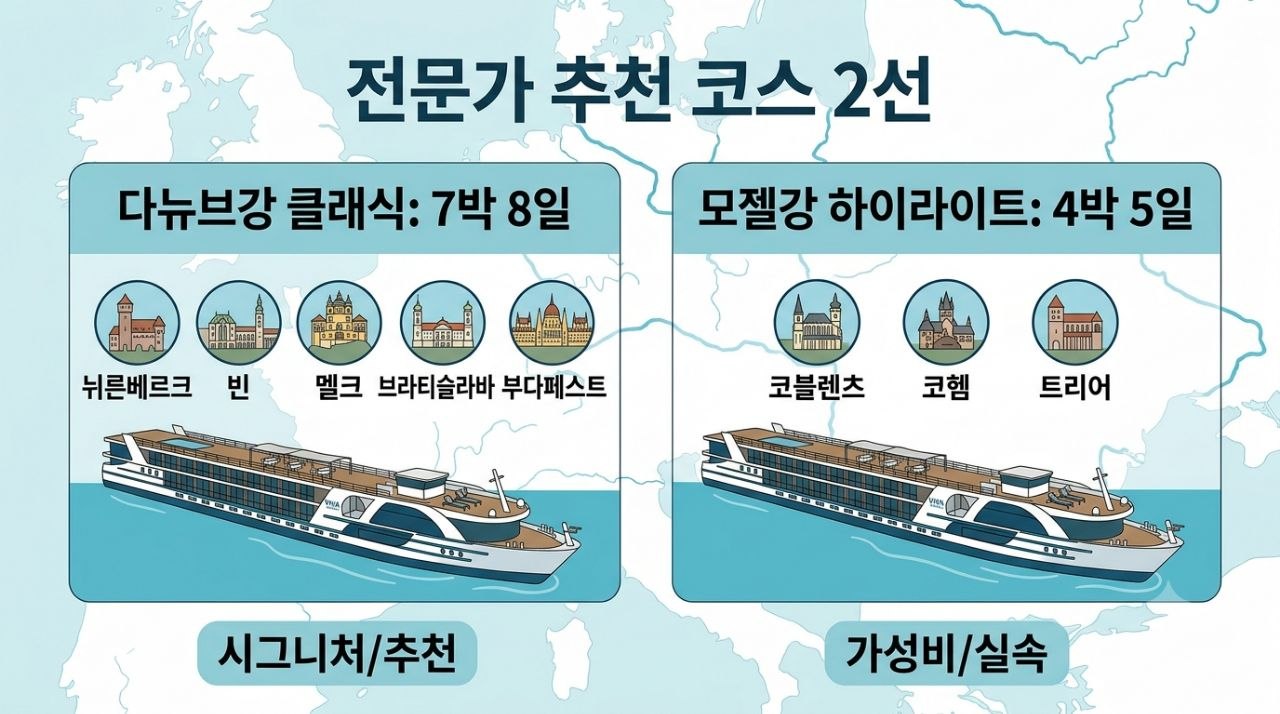 다뉴브강 크루즈와 모젤강 하이라이트 비교 인포그래픽
