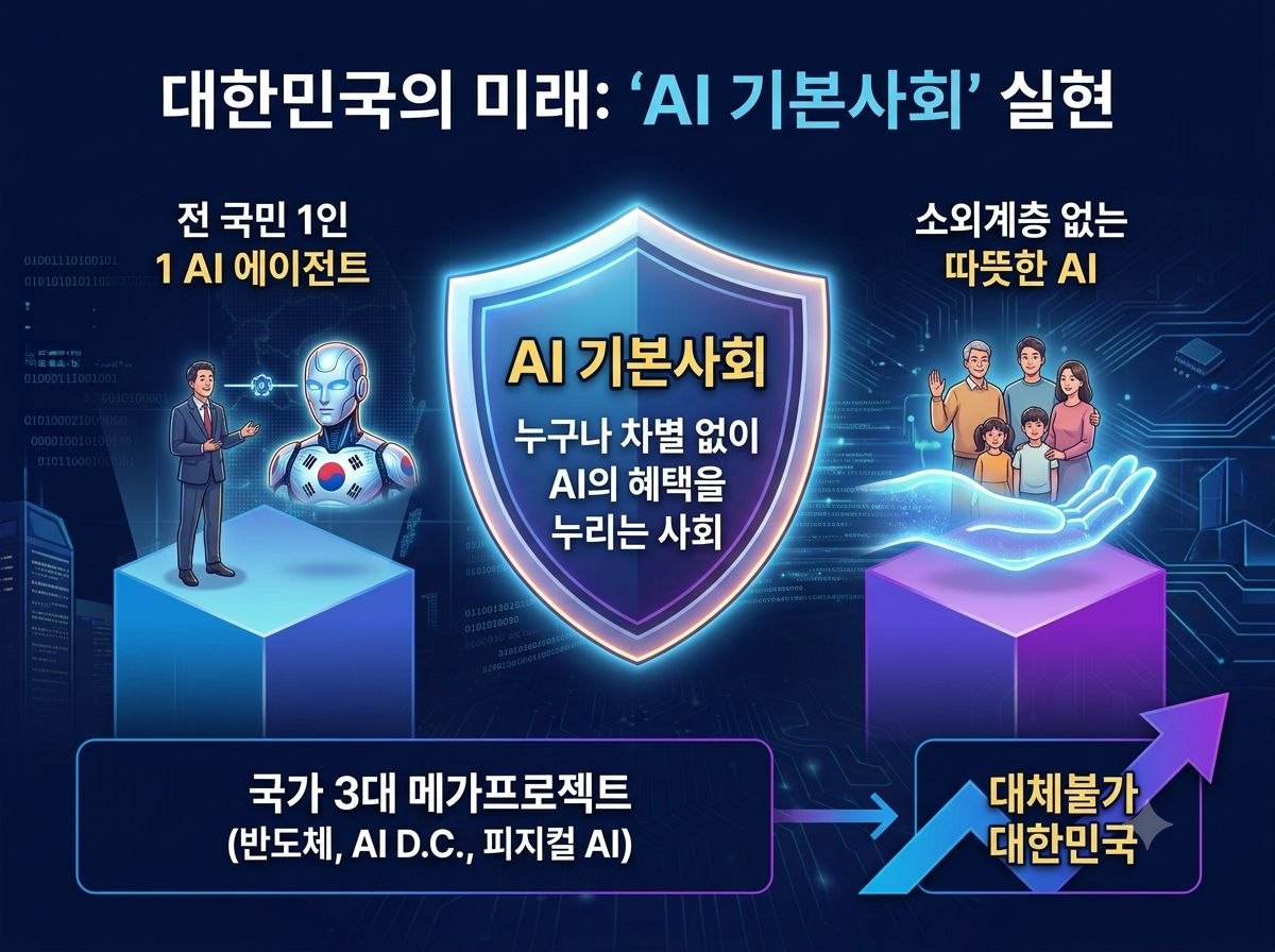 AI 기본사회와 전 국민 1인 1 AI 에이전트 비전을 설명하는 인포그래픽