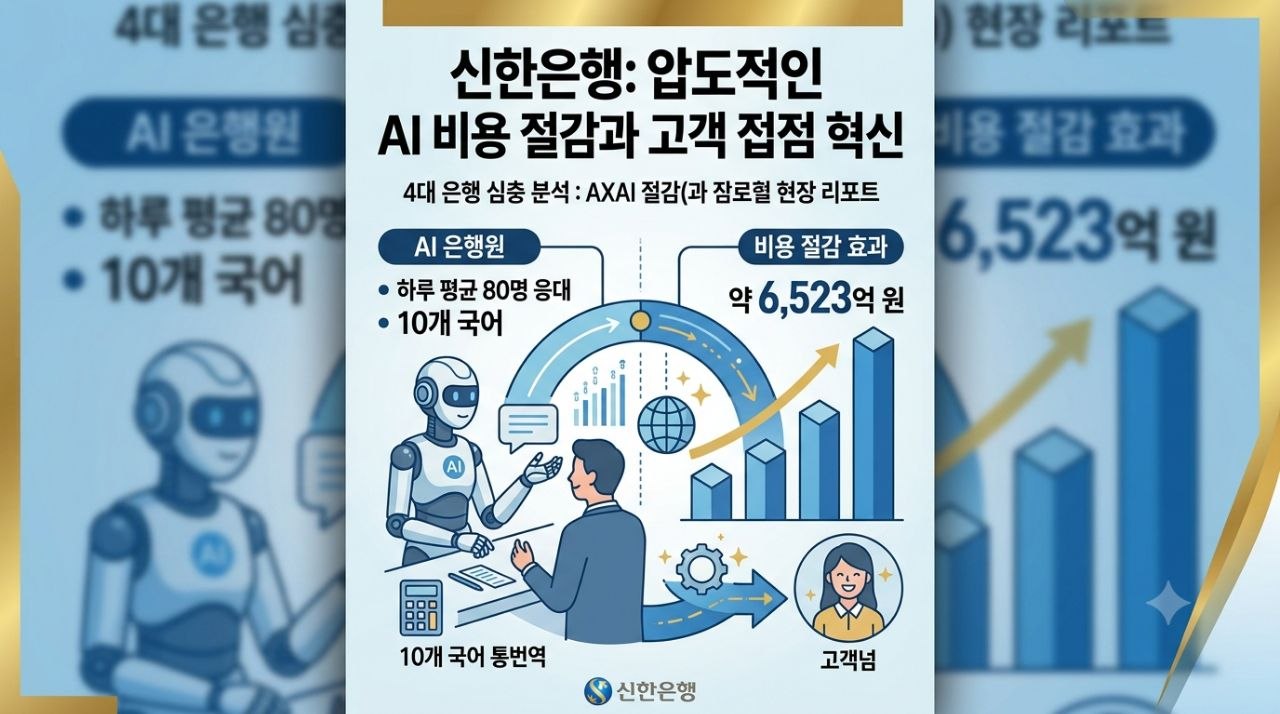 신한은행 AI 은행원과 약 6523억 원 비용 절감을 설명하는 인포그래픽