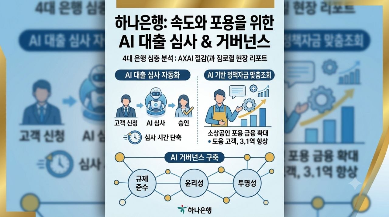 하나은행 AI 대출 심사 자동화와 정책자금 맞춤조회, AI 거버넌스를 설명하는 인포그래픽