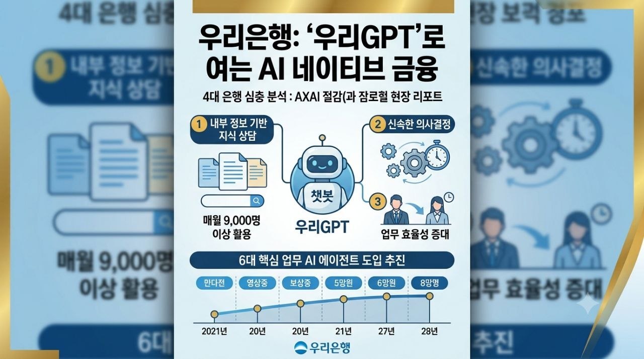 우리GPT와 6대 핵심 업무 AI 에이전트 도입 추진을 설명하는 인포그래픽