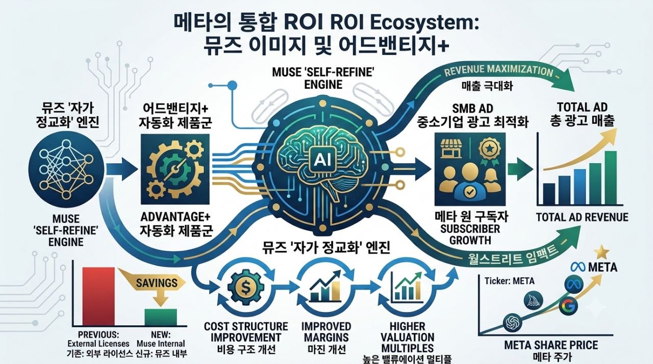 메타 뮤즈 이미지와 Advantage Plus가 비용 구조와 광고 매출 ROI를 어떻게 연결하는지 설명하는 도식