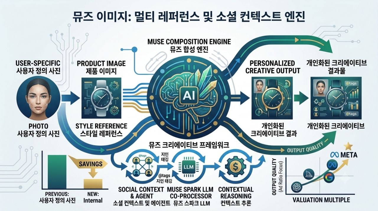 메타 뮤즈 이미지가 여러 사진과 소셜 컨텍스트를 합성해 개인화 크리에이티브를 만드는 구조를 설명하는 도식