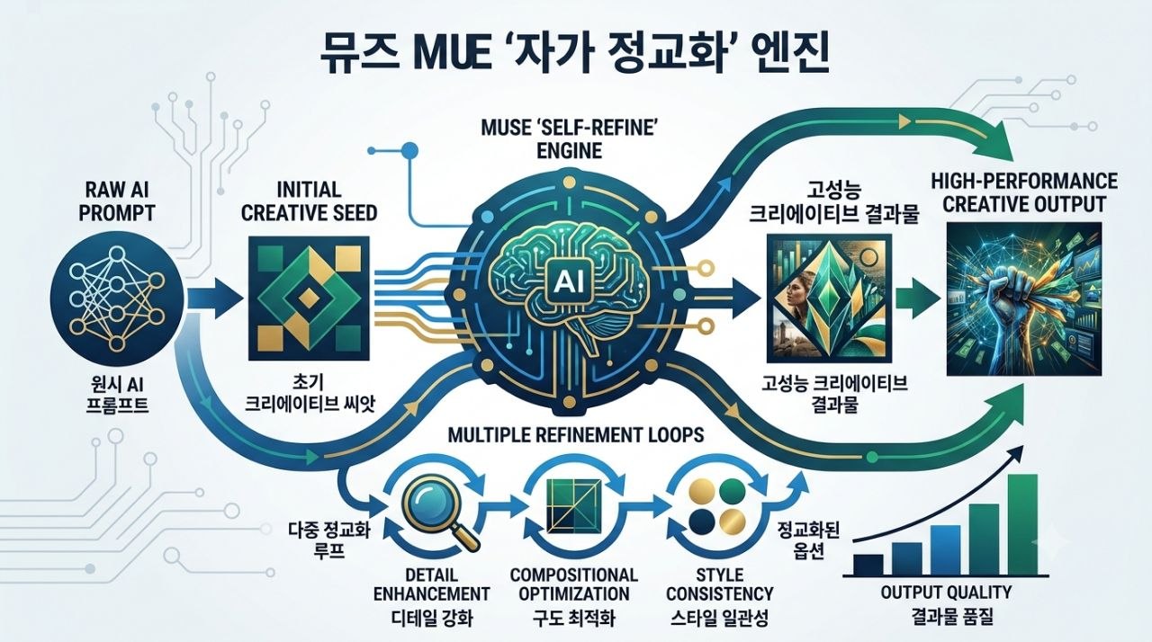 메타 뮤즈 이미지의 자가 정교화 self refinement 엔진이 초기 생성 결과를 반복적으로 고도화하는 과정을 설명하는 도식
