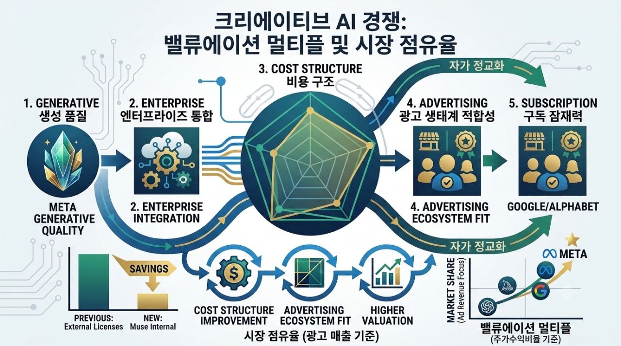 메타 뮤즈 이미지가 비용 구조와 광고 생태계 적합성 구독 잠재력을 통해 밸류에이션 멀티플에 어떤 영향을 주는지 설명하는 도식
